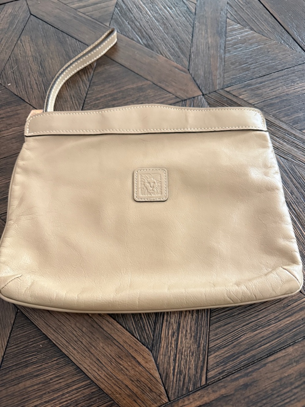 Vintage Anne Klein Beige Leather Clutch Wristlet Purse Large